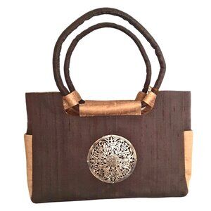Sentosa Raw Silk Lightweight Summer Handbag Exotic Brown & Gold Handmade NWT